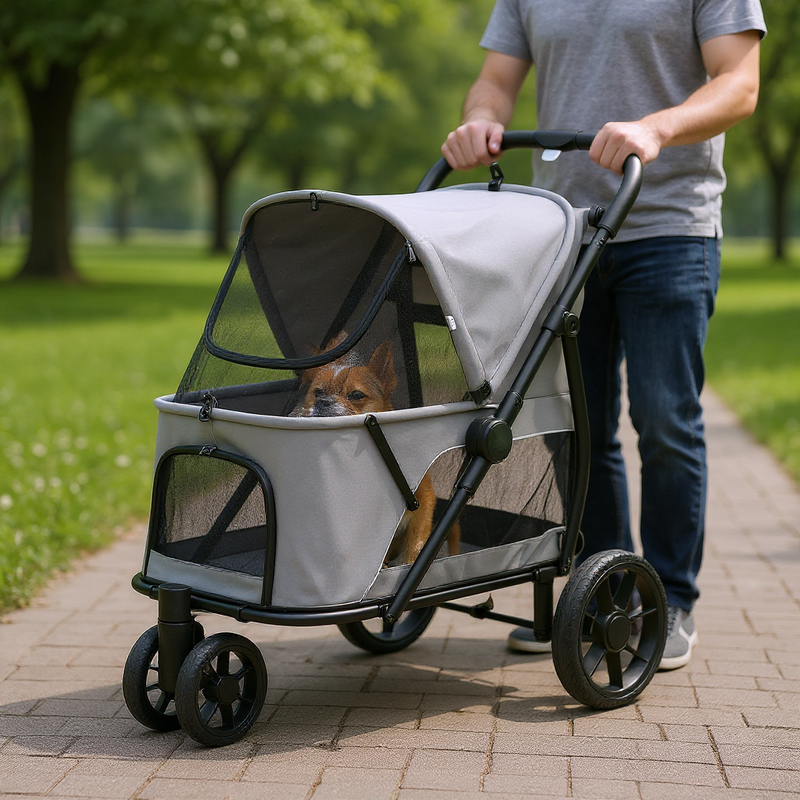Three-Wheel Folding Dog Stroller (Mesh Window + One-Click Fold)